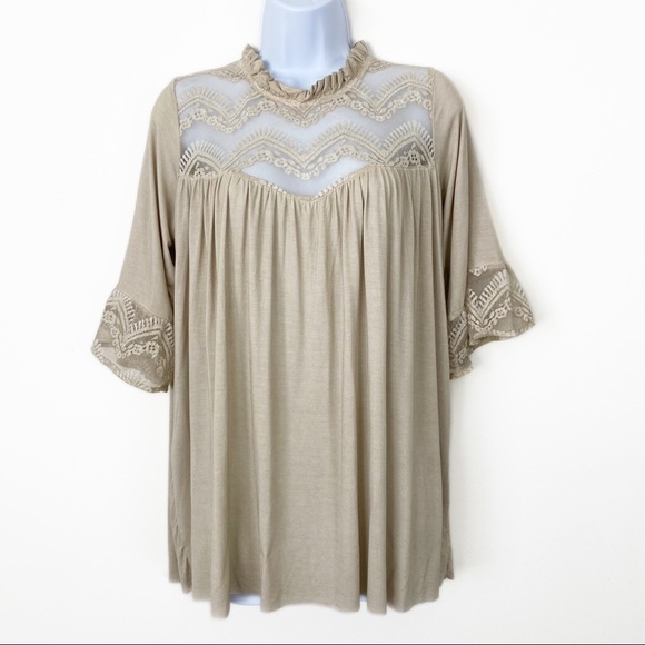 NEW NWT POL Cream Beige Crochet Lace Babydoll Top Blouse Small Oversized Boho - Picture 1 of 7